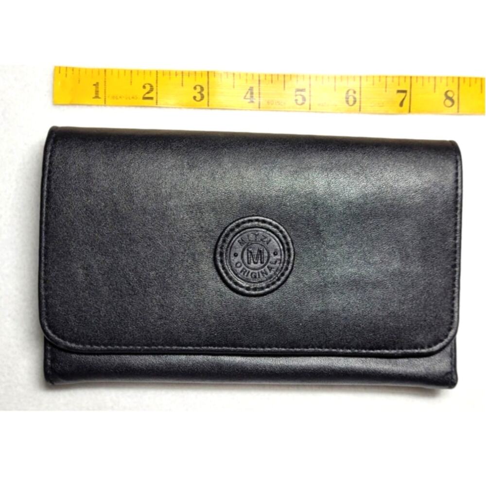 Black Faux Leather Womens Wallet Checkbook Card Holder 8" Organizer Snap Close